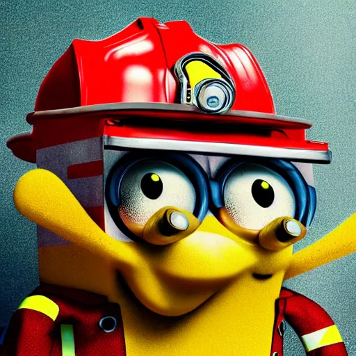 Image similar to portrait of spongebob as a firefighter, full body picture, wide angle view, cinematic, sci-fi, high definition details hyperrealistic, digital art, artstasion, deep depth of field