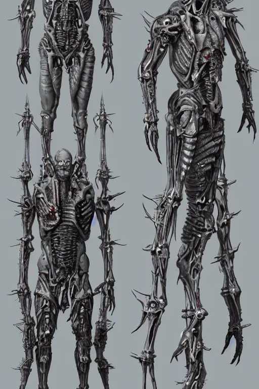 Image similar to cyborg zombie king with gunmetal grey skin, medical anatomy, very symmetrical face, highly detailed, mecha, three - perspective / three - view reference sheet ( front / back / side ), in the style of james gurney, dan ouellette, hr giger, sil from species, dren from splice, biomechanical, artstation, unreal engine