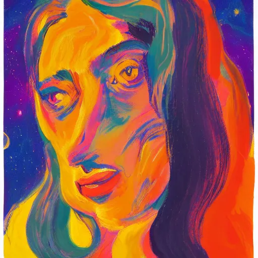 Image similar to A beautiful print of a woman with long flowing hair, wild animals, and a dark, starry night sky. pearlescent by Elaine de Kooning CGI