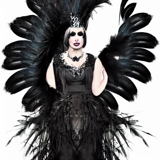 Image similar to Raven queen in a large raven-themed dress with feathers, high quality, portrait