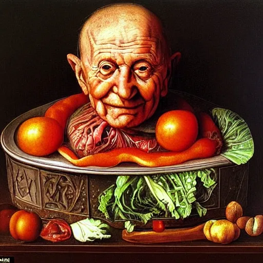 Prompt: a 9 0 year old boy sitting in a tub full of tomato sauce, a lot of cabbage, by giuseppe arcimboldo and ambrosius benson, renaissance, portrait, fruit, intricate and intense oil paint, realistic