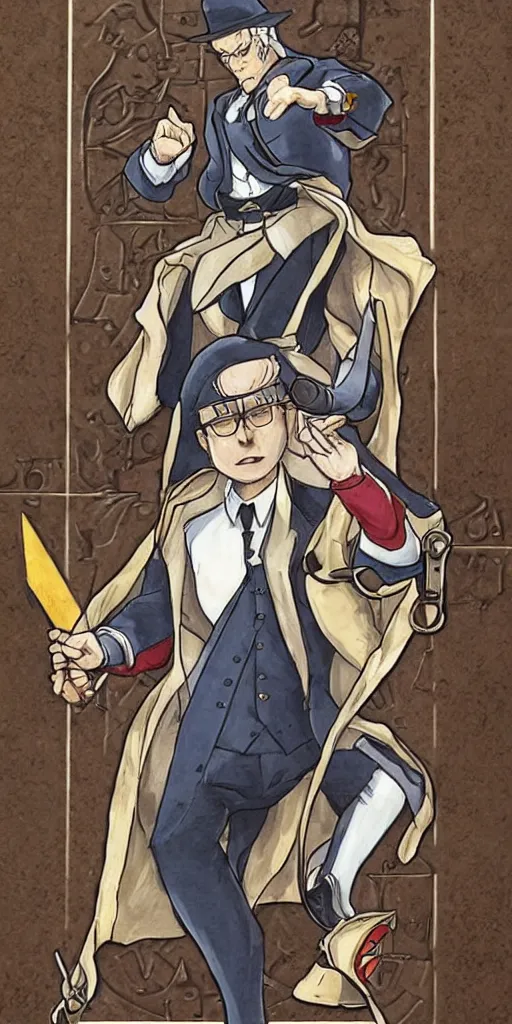 Image similar to the judge from Ace Attorney with a beam scale in one hand. Tarot card Justice, impressive art, detailed, singe subject