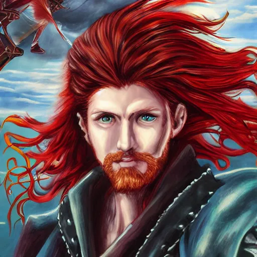 Prompt: an epic fantasy comic book style portrait painting of a long haired, red headed male sky - pirate in front of an airship in the style of yoshitaka amano