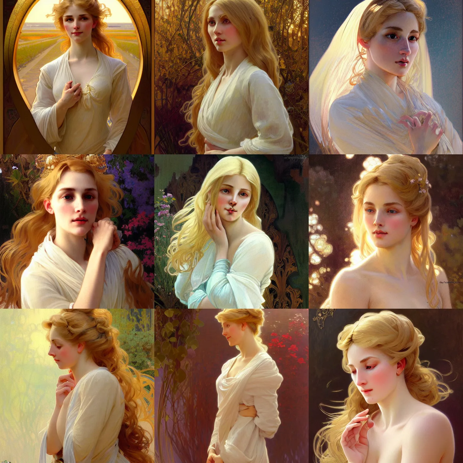 Image similar to painted portrait of a modest wife blessed by god with ever - increasing intelligence beauty and virtue. blonde, clothed holy body, light effect. feminine, powerful, in clothes! highly detailed, intricate, elegant, concept art, digital painting, artstation, smooth, sharp focus, illustration, art by gaston bussiere and alphonse mucha