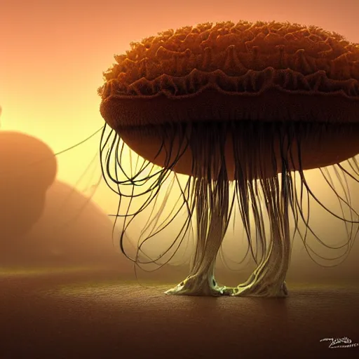 Image similar to creature jellyfish in a desert lush vegetation, warm tones, night, water reflection, bioluminescent translucent : : by michal karcz, daniel merriam, victo ngai and guillermo del toro : : ornate, dynamic, particulate, intricate, elegant, highly detailed, centered, artstation, smooth, sharp focus, octane render, 3 d