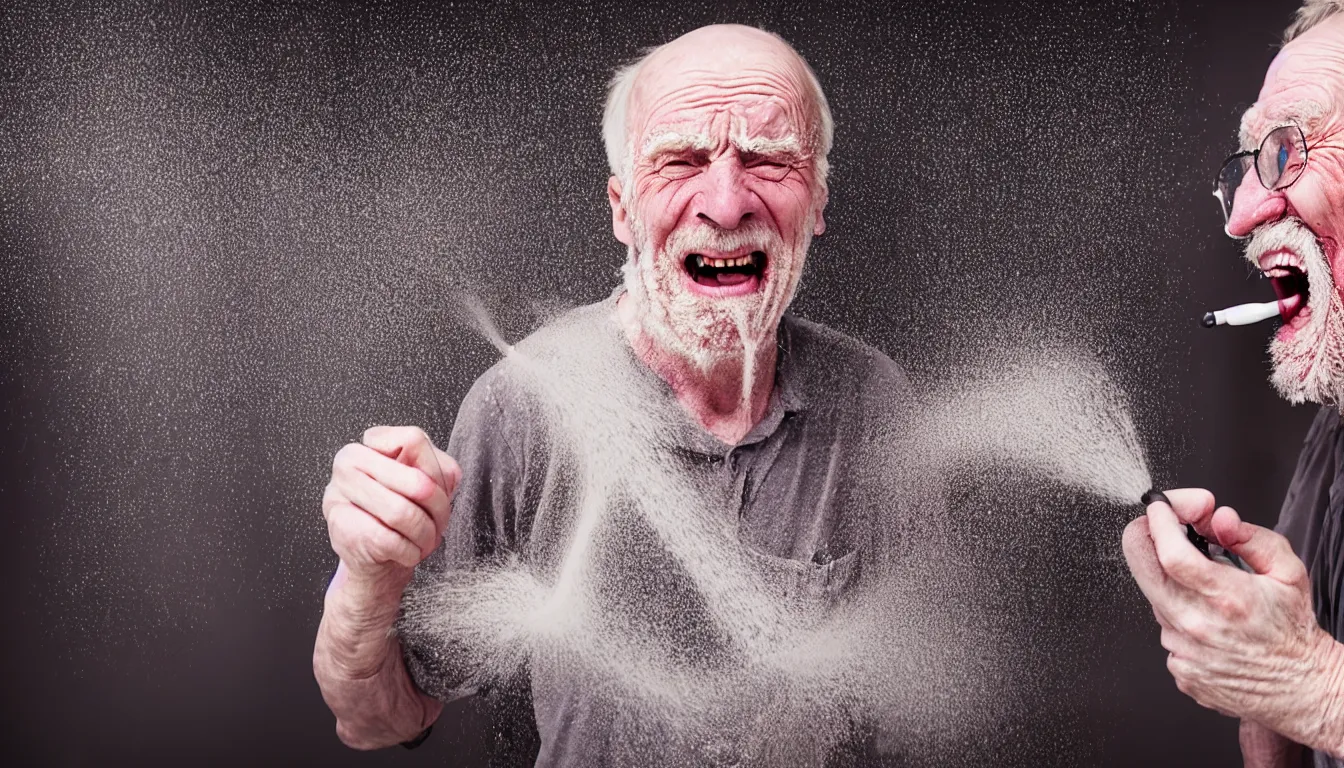 Prompt: hyper realistic photo in call centre, a celtic weathered old man, aesthetic! women, laughter and screaming face, feedback loop, burst of powders, spraying liquid, volumetric lighting, twisting vapour, bellowing dust, full colour, upscale, 8 k