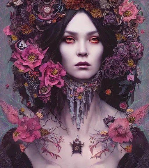 Image similar to portrait of the supreme queen of the dark cult, surrounded by skulls and overgrowth and dark flowers by WLOP, karol bak, James Jean, tom bagshaw, rococo, trending on artstation, cinematic lighting, hyper realism, octane render, 8k, hyper detailed.