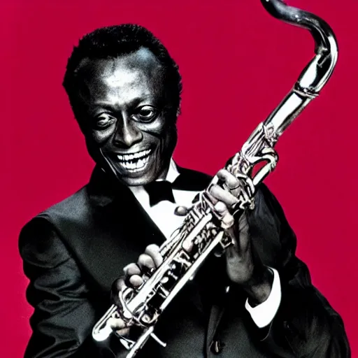 Image similar to miles davis smiling with 8 rows of sharp pointy teeth and wide eyes