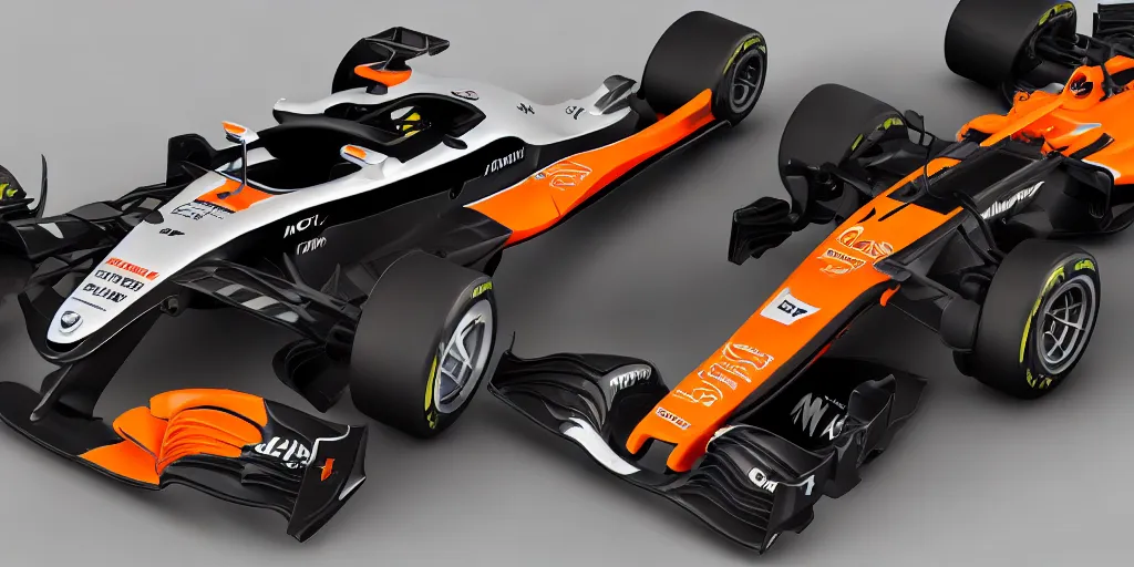 Image similar to hybrid design between McLaren MCL34 F1 car and Ford Mustang. No background, concept art style.