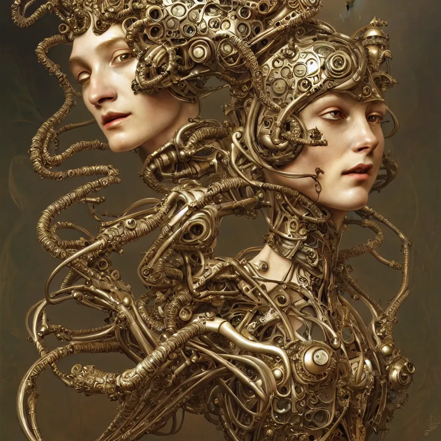 Prompt: organic cyborg, european rococo style metal carving, diffuse lighting, fantasy, intricate, elegant, highly detailed, lifelike, photorealistic, digital painting, artstation, illustration, concept art, smooth, sharp focus, art by john collier and albert aublet and krenz cushart and artem demura and alphonse mucha