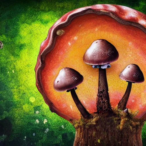 Prompt: macro photo with a singular mushroom character with cute eyes and mycelium, very close to real nature, natural colors and natural surroundings, painted patterns and coloring on mushrooms, 8K, highly detailed, cartoon