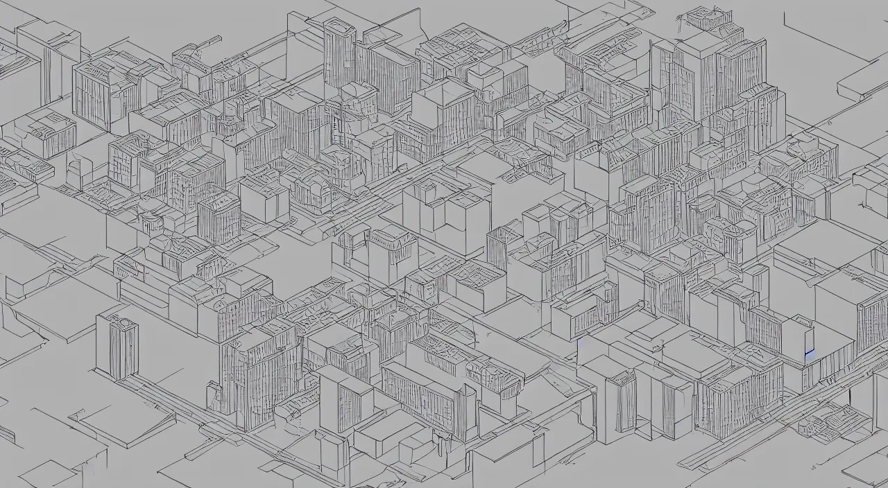 Image similar to exploded axon schematic drawinf of a typical city block, in vector drawing style of peter eisenman