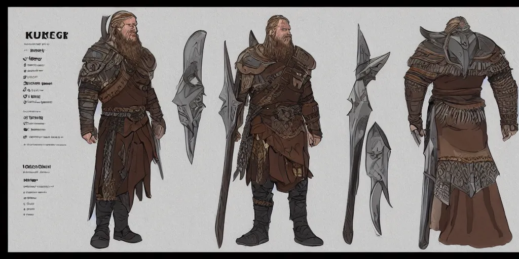 Image similar to colour concept art character sheet, viking in armour, trending on artstation, intricate high - details