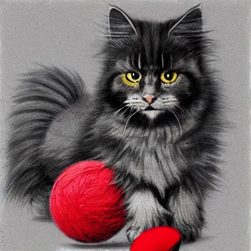 Prompt: long - haired siberian cat playing with a red yarn ball, illustration, charcoal, simon bisley