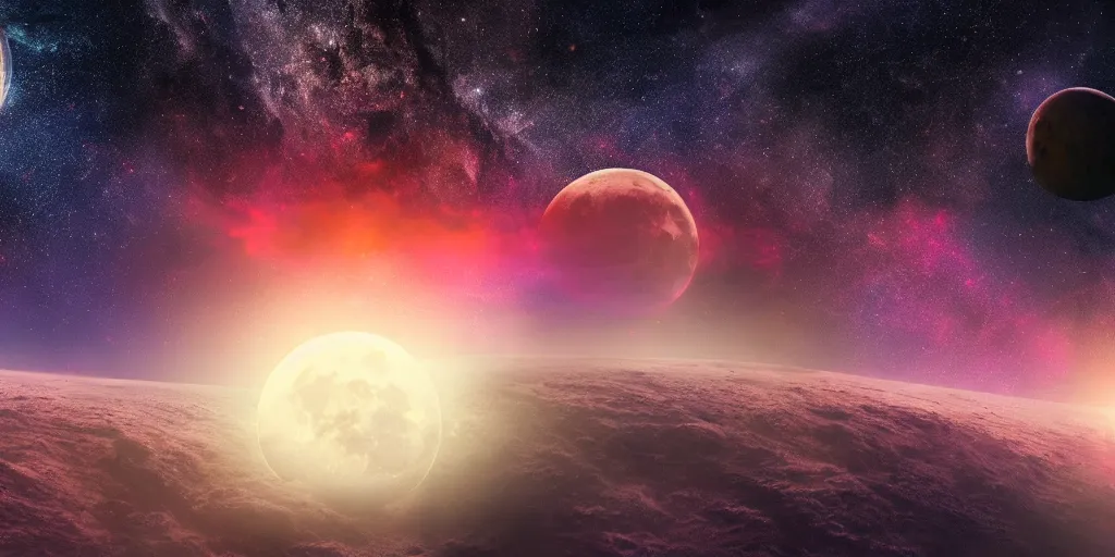 Image similar to moon setting, space, galaxy, milkyway, nebula, Mars, planets, neon, cinematic, realistic, glow, beautiful,