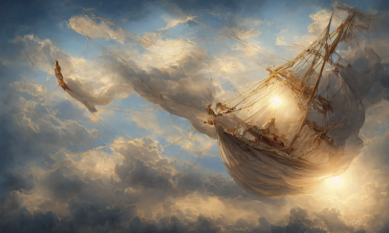 Image similar to a beautiful digital painting of a white caravel flying in the clouds, birds in the sunlight, numerous golden ropes and intricated sails, blue sky at sunset, elegant, highly detailed, artstation, concept art, matte, sharp focus, art by tom bagshaw, kelogsloops and greg rutkowski