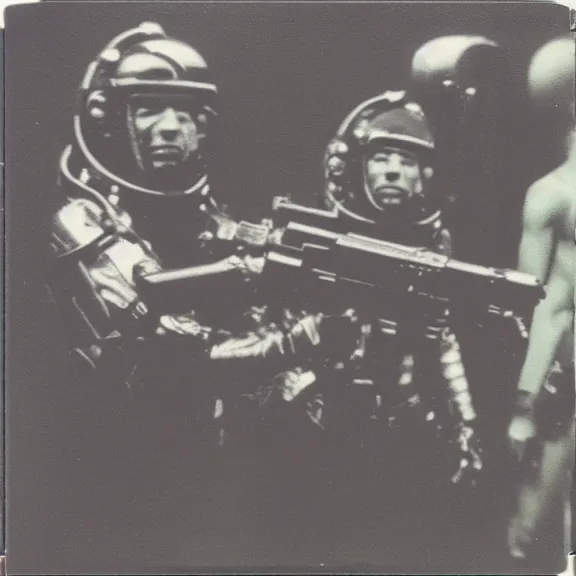 Image similar to polaroid of tribes men with space age weapons shots by Tarkovsky