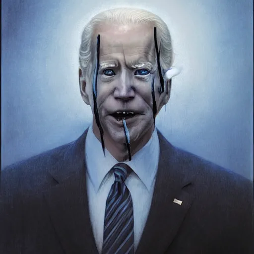 Image similar to presidential portrait of joe biden with smoking eyes and mouth as slenderman, by beksinski, jon mcnaughton, and stephen gammell