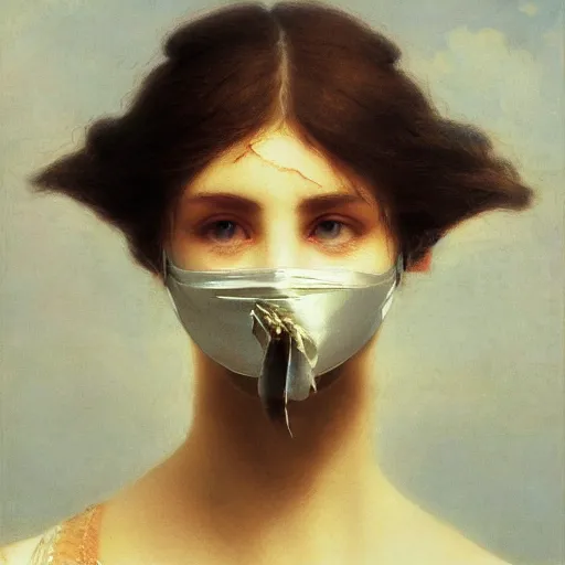 Prompt: a woman’s face wearing a chrome blindfold, by ivan aivazovsky and alma tadema and remrandt and willen claesz heda, rendered in octane