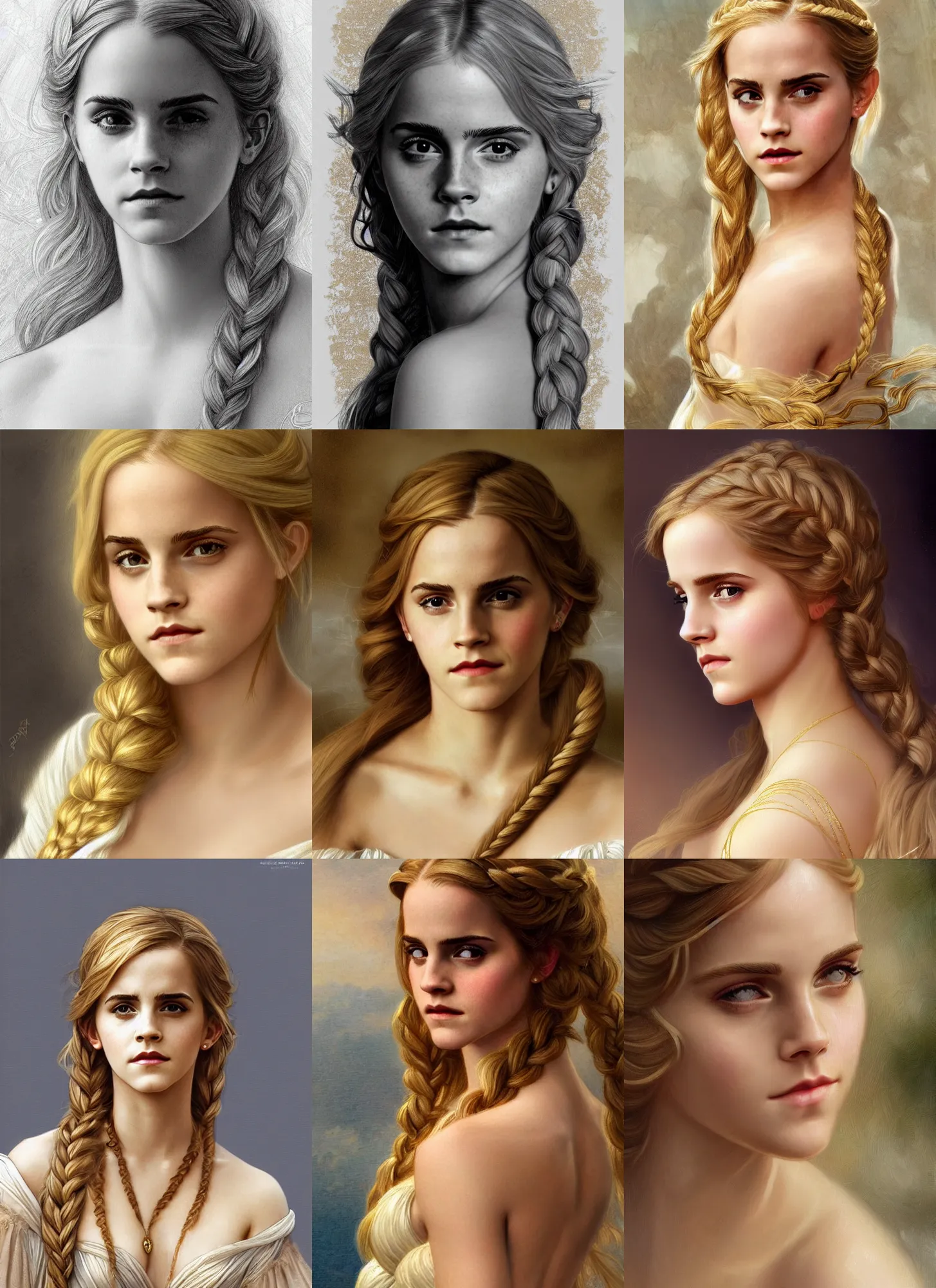 Prompt: emma watson young as blond aphrodite, portrait close - up, young, long blond braided hair, white and gold dress, intricate, highly detailed, artstation, concept art, sharp focus, illustration, bouguereau, rutkowski, mucha
