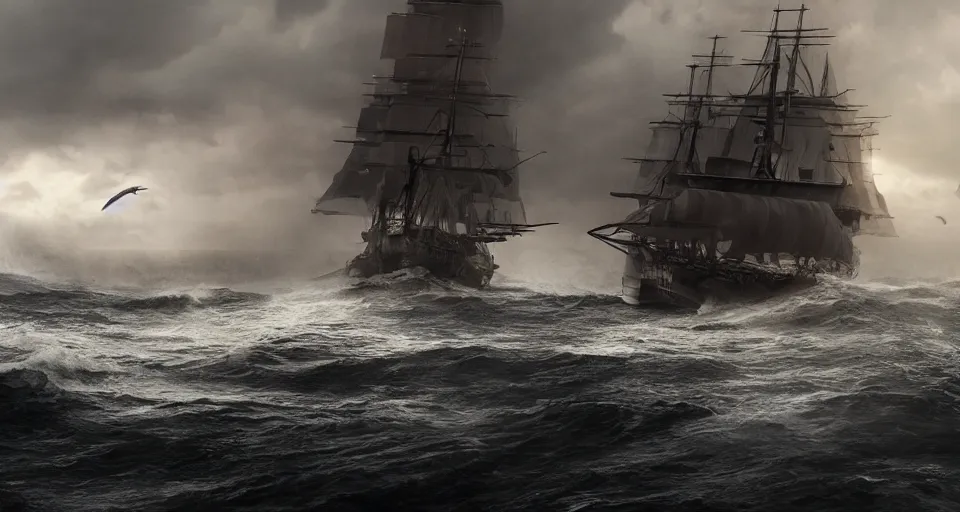 giant sailing battleship with ten sails, raging sea | Stable Diffusion ...