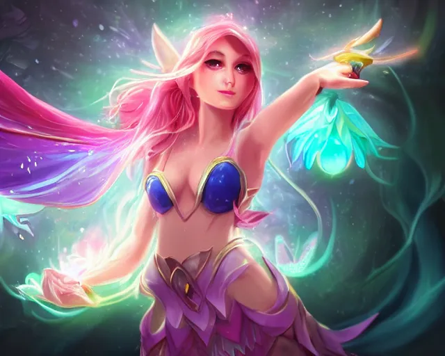 Image similar to champion Splashart of the goddess of fairies filled with sparkeling light and a loving sensation