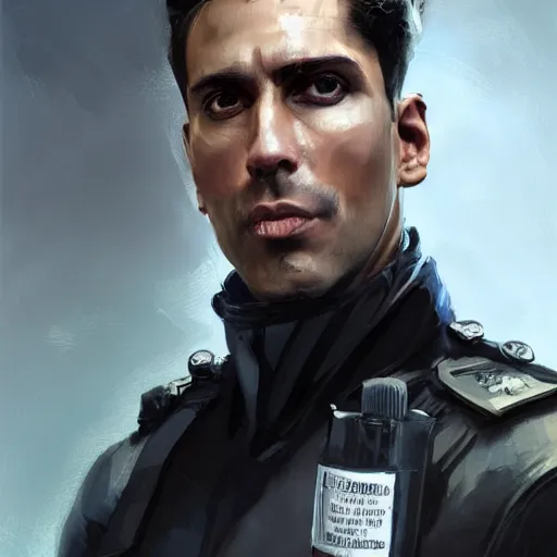 Image similar to Portrait of a man by Greg Rutkowski, he is about 30 years old, black quiff hair, his features are a mix between French, Turkish and Russian, strong, older brother vibes, he is wearing a futuristic police gear, highly detailed portrait, digital painting, artstation, concept art, smooth, sharp foccus ilustration, Artstation HQ.