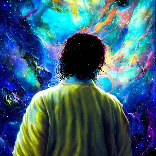 Image similar to painting of Michael Jackson posing in a cosmic scenic environment by Android Jones, trending on Artstation, hyperdetailed, beautiful, stars, planets, nebula, medium shot, mid-shot