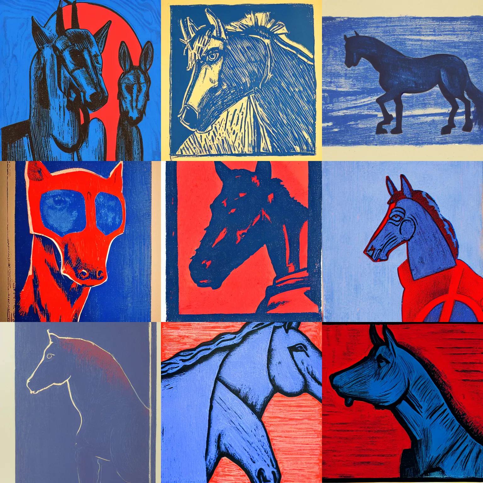 Prompt: dark tonalist portrait of horse - dog soldier creature, ultramarine blue and venetian red, woodcut, dramatic lighting