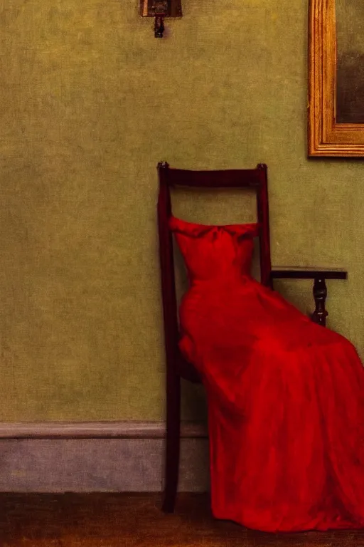 Image similar to an empty red dress laid across a chair in a dark victorian era room. in the style of american impressionism painting.