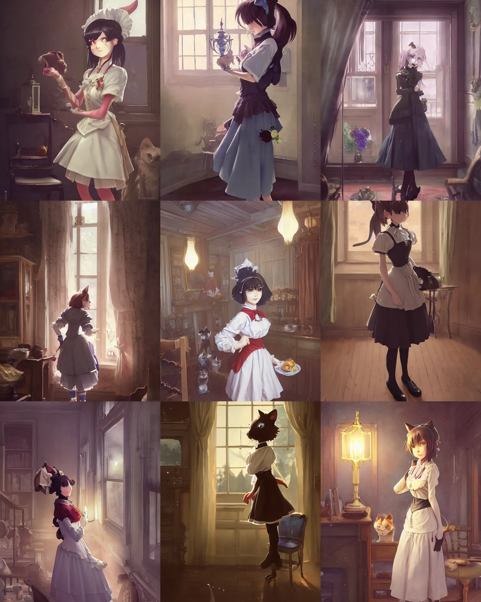 Prompt: an anthropomorphic cat maid, standing in a Victorian house, female, Victorian, wearing maid outfit, atmospheric lighting, stunning, brave. By Makoto Shinkai, Stanley Artgerm Lau, WLOP, Rossdraws, James Jean, Andrei Riabovitchev, Marc Simonetti, krenz cushart, Sakimichan, D&D trending on ArtStation, digital art.