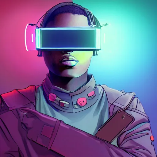 Prompt: dark skinned man wearing futuristic vr headset neon lights ambient light unity game ultra - realistic in the style of enkai bilal