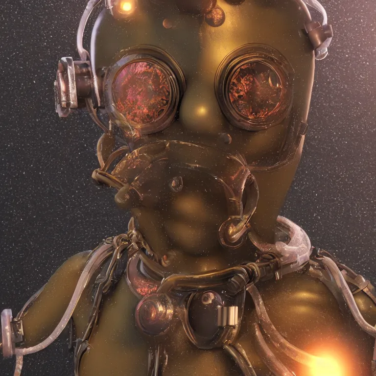 Image similar to octane render portrait by wayne barlow and carlo crivelli and glenn fabry, a psychedelic old timey diving suit filled with glowing fluid and made of clear plastic, cinema 4 d, ray traced lighting, very short depth of field, bokeh