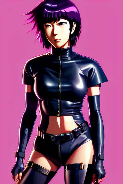 Image similar to a fullbody portrait of motoko kusanagi the major ghost in the shell, stand alone complex, in leather bike costume, by ilya kuvshinov, rossdraws, artgerm, sola digital arts, anti aliasing, raytracing : :