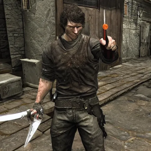 Image similar to todd howard with a switchblade in a alleyway, forcing you to buy skyrim, realistic, 8 k