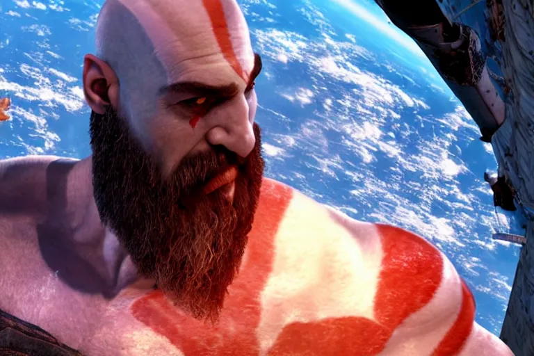 Image similar to cinematic screenshot of kratos from the god of war videogame eating ramen noodles in the international space station