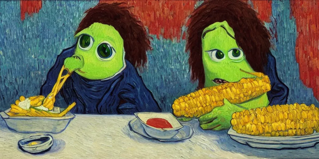 Prompt: mike wazowski eating a corn dog with his right hand while holding a comically large fork in his left hand, highly detailed, oil painting, van gogh