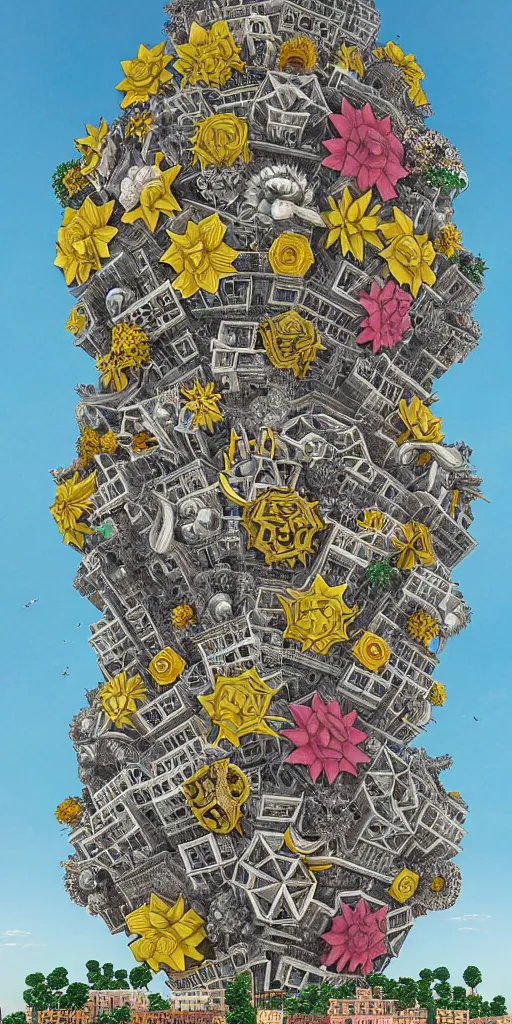 Image similar to colossal MC Escher flower in the middle of post soviet constructivist cityscape, Stalinist architecture, ultradetailed, Intricate by Hayao Miyazaki and Josan Gonzalez and Giuseppe Arcimboldo and Wes Anderson and H.R. Giger