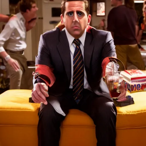 Prompt: michael scott the party captain, extremely cool dude, everyone loves him, very popular, movie still, 8 k