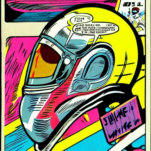 Image similar to alien male race car driver in a 70s comic book, retro, colorful, dynamic, futuristic