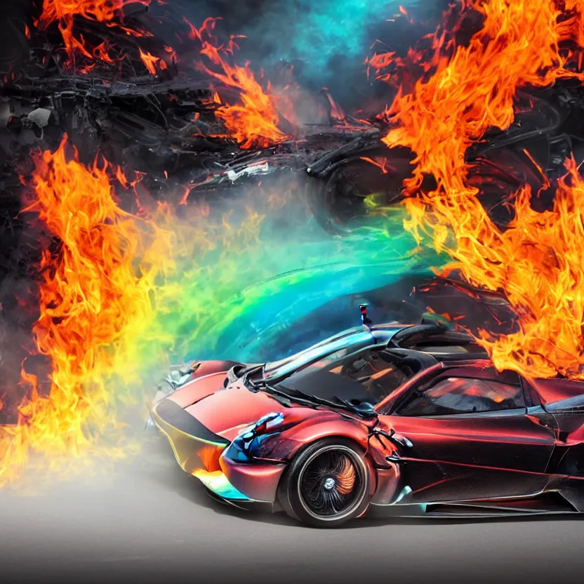 Prompt: close - up of an iridescent rainbow pagani huayra on fire after a big crash, 8 k, highly detailed, realistic, award winning, look at all that detail!