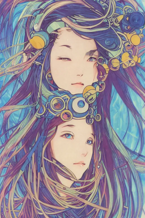 Prompt: portrait of a girl floating in a spacestation, flowing hair, last exile, blue submarine no. 6, loish, murata range, kawaii, studio lighting, anime, manga, vibrant bright colors, japanese, 1980s, beautiful, dreamy, alphonse mucha, gradation, jean giraud, yuya nagai