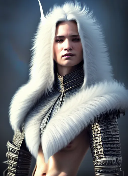 Image similar to fur coated armor!!! long wild white hair!! covered chest!!! fantasy, d & d, intricate ornate details, symmetry, concept art, sharp focus, illustration, art by artgerm! greg rutkowski magali villeneuve wlop! ilya kuvshinov!!, octane render, unreal engine 5, highly rendered!!