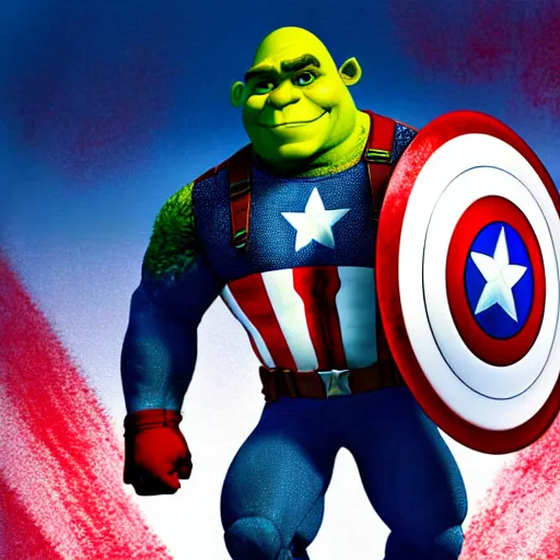 Image similar to digital painting of Shrek as Captain America, octane render, volumetric lightening, by marvel