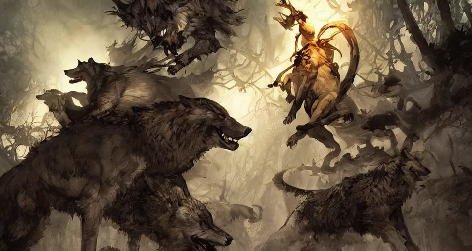 Prompt: WOLVES AND THEIR TREASURES digital painting By Travis Charest, James Gurney, and Ashley Wood. dramatic lighting. Magic the gathering style.