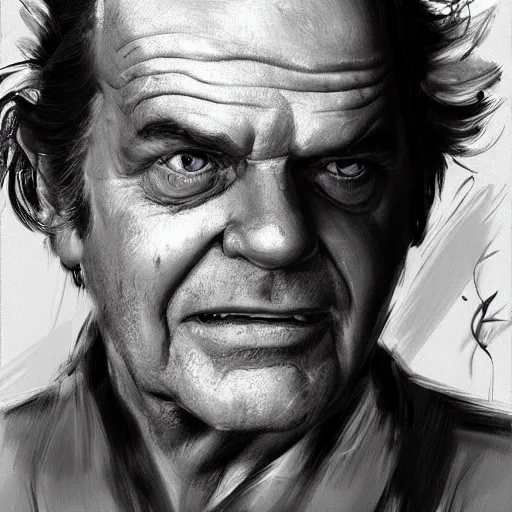 Image similar to concept art of jack nicholson by jama jurabaev, cinematic shot, brush hard, artstation, cgsociety, high quality, brush stroke