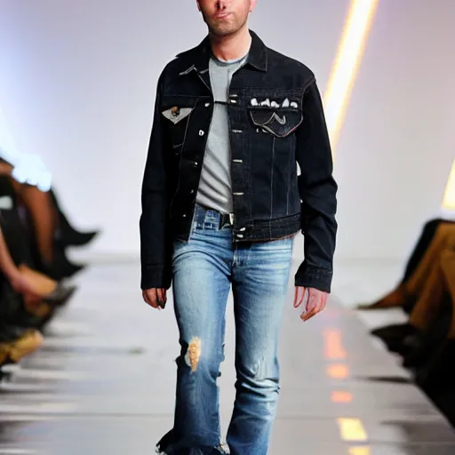 Prompt: darth vader wearing a denim jacket and denim pants on the oscar runway