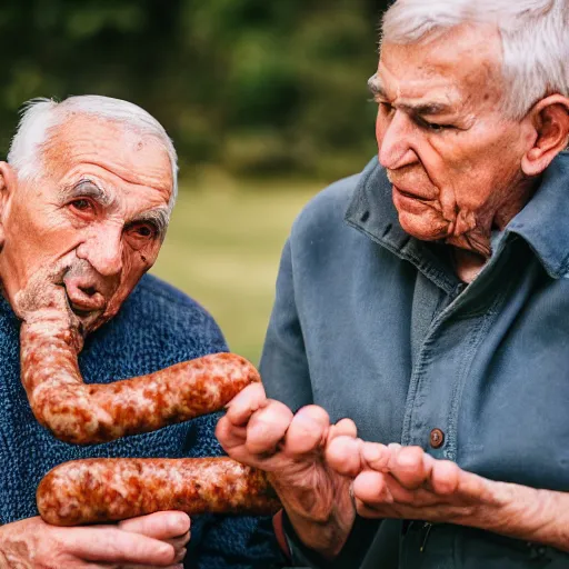 Prompt: Two elderly men fighting over a sausage, Canon EOS R3, f/1.4, ISO 200, 1/160s, 8K, RAW, unedited, symmetrical balance, in-frame