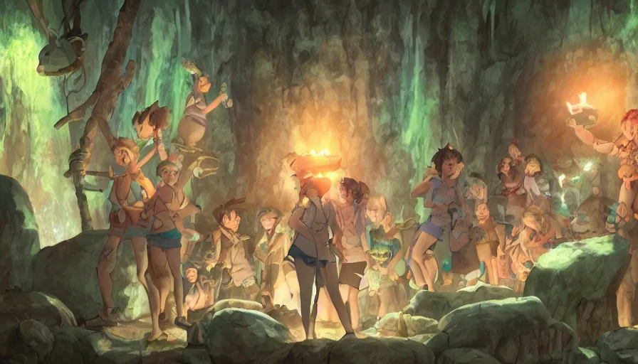 Prompt: stone age rave in a cave, torchlight, serene evening atmosphere, soft lens, soft light, cel - shading, animation, in the style of cgsociety, deviantart, artstation, zbrush, cinema 4 d, studio ghibli, akihiko yoshida, atelier lulua, masamune shirow