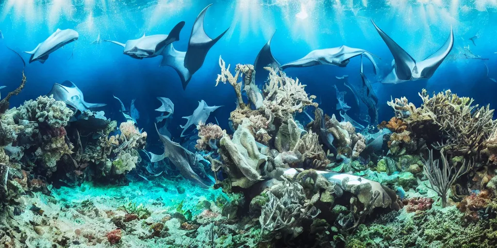 Image similar to hyperrealistic underwater photography, panoramic picture of an ocean floor with in the distance some manta rays. focus on the sharks. the manta rays are anatomically correct and highly detailed. the eyes are intricately detailed. there are lots of bubbles. seaweed and some rocks. gloomy scattered light entering from the water surface, trending on artstation, hq, 4 k